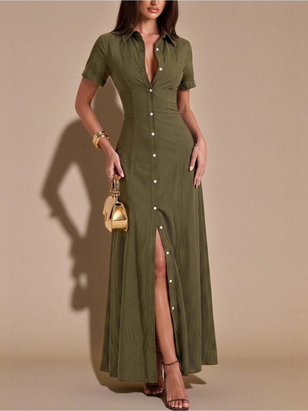 Olive Button-Front Maxi Shirt Dress